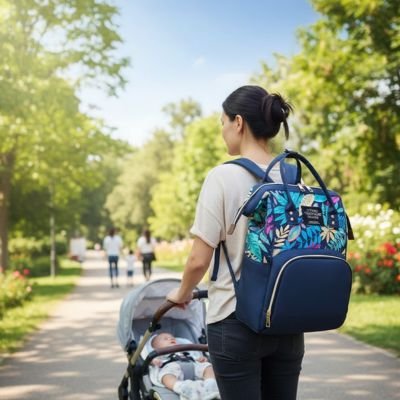 Sac a langer bleu bébé en poussette avec maman