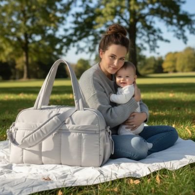 Sac a langer gris maman assis au parc tenant son bébé dans ses bras
