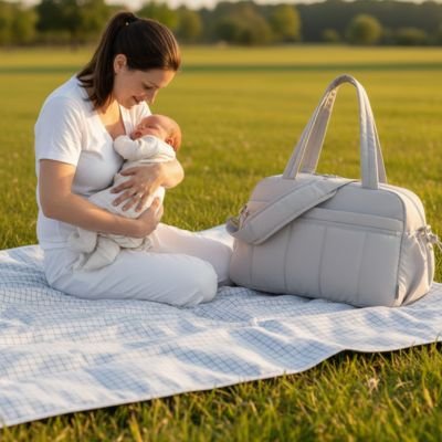 Sac a langer gris maman assis sur couverture tenant son bébé dans ses bras