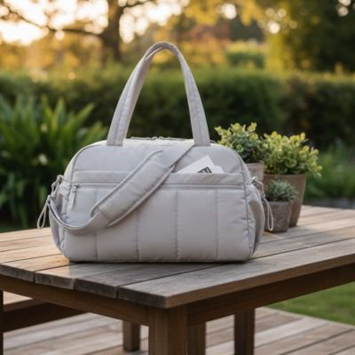 Sac a langer gris sur une table de pic-nic