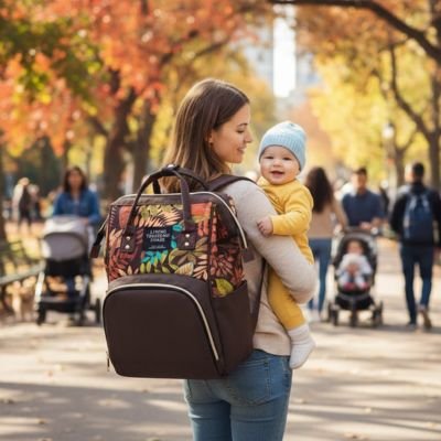 Sac a langer marron avec bébé et maman