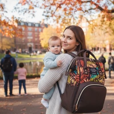 Sac a langer marron bébé dans les bras de maman