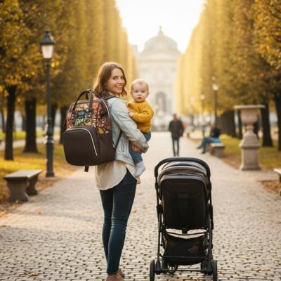 Sac a langer marron maman et bébé en poussette