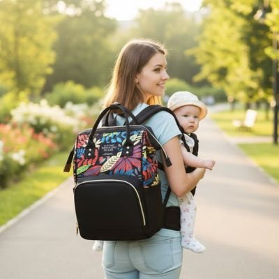 Sac a langer noir à dos bébé dans les bras de maman
