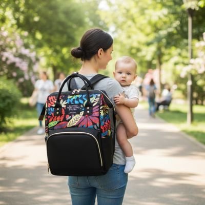 Sac a langer noir a dos en promenade avec maman