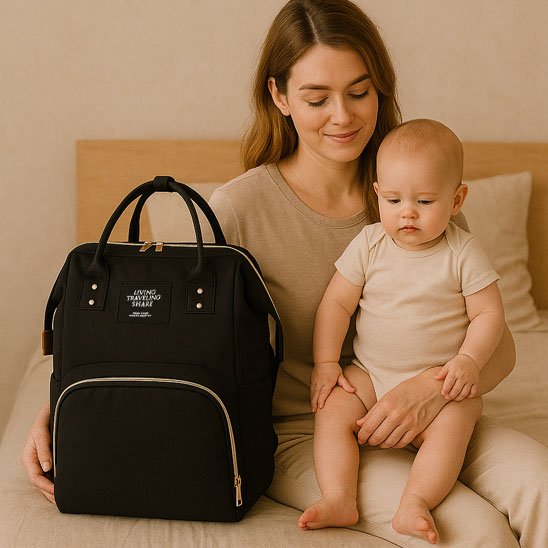 Sac a langer noir maman assis avec bébé sur genoux 