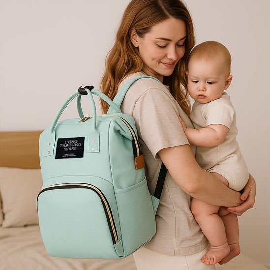 Sac a langer vert maman debout tenant bébé dans les bras