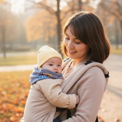 Tour de cou bebe bleu dans les bras de maman