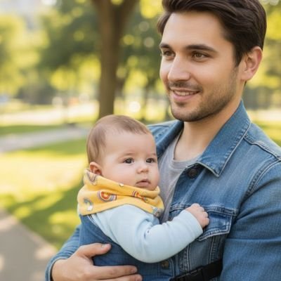 Tour de cou bebe jaune dans les bras de papa 