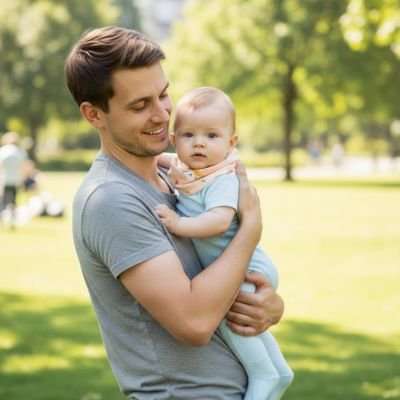 Tour de cou bebe rose dans les bras de papa 