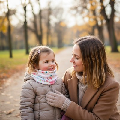 Tour de cou enfant blanc nuage souriant à sa mère en sortie automnale