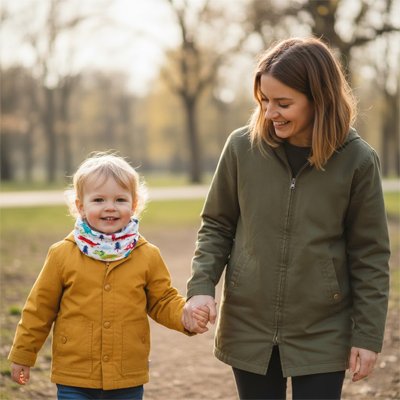 Tour de cou enfant dinosaure en sortie printanière avec maman