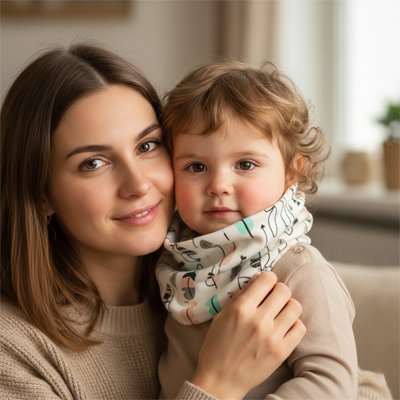 Tour de cou enfant plume dans les bras de maman
