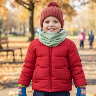 Tour de cou enfant vert uni sur enfant avec manteau rouge