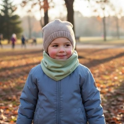 Tour de cou enfant vert uni sur enfant avec un manteau bleu pâle
